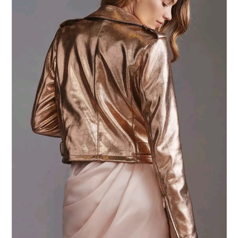 Anthropologie Metallic Faux Leather Moto Jacket Rose Gold Women's Size XS - Picture 10 of 10